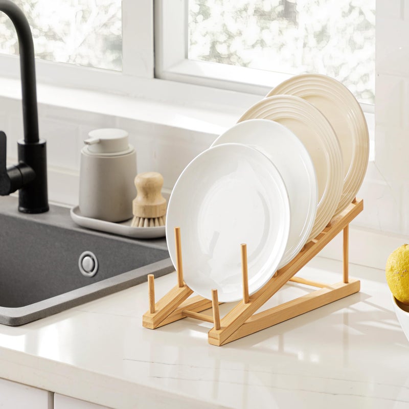 HBlife Bamboo Wooden Dish Drying Rack for Kitchen Counter, 1 PCS Dish/Book/File/Plate/Bowl/Cup/Cutting Board/Pot Lid Organizer for Kitchen, Office, Display Cabinet, Grocery Store, Supermarket - Image 5